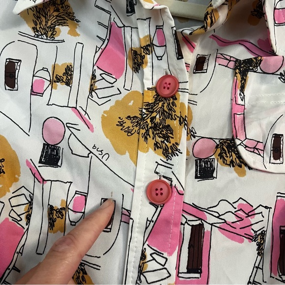 Vera Neumann Vintage Top belted house or city scape pink white XS or kids 12 - Picture 13 of 13